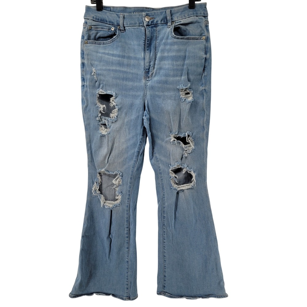 American Eagle Curvy Super High Rise Flare Jeans Womens 12 Blue Distressed Daisy